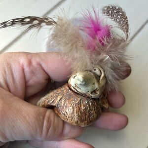 Wild Earth figurine, hand built clay figure with feather plume, VTG 1992 EUC